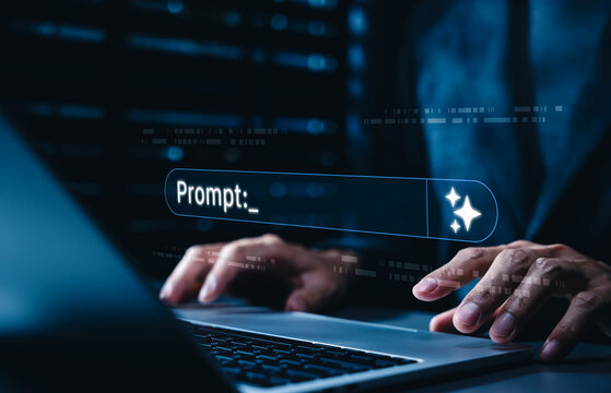 AI prompt engineering concept. Businessman using generative artificial intelligence interface to create digital content, automate workflows, improve productivity and support business innovation