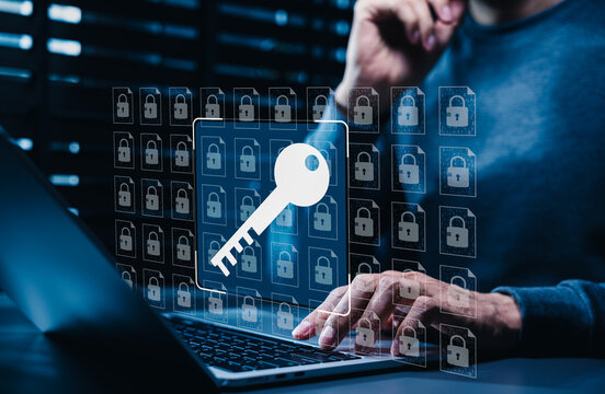 Encryption key security concept. Person using laptop and locked database. secure access control, password protection, data privacy, cybersecurity, document encryption, digital information governance