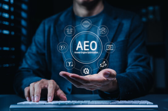 AEO Answer engine optimization concept. Person presenting AEO interface, AI search tools, chatbot, content strategy, technical optimization, digital marketing workflow, improved visibility, responses