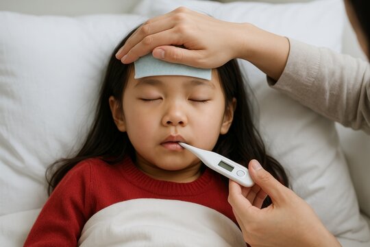 Child with fever lying in bed having temperature checked with thermometer and cooling gel patch while being cared for by adult hand on forehead. Ai generative