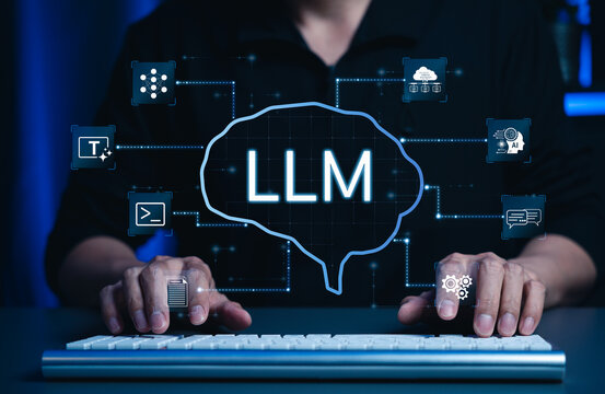 LLM Large language model. generative ai artificial intelligence brain network software algorithm system concept. developer typing on computer keyboard to train deep learning neural tech networks