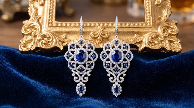 Elegant diamond and sapphire earrings with ornate gold mirror background
