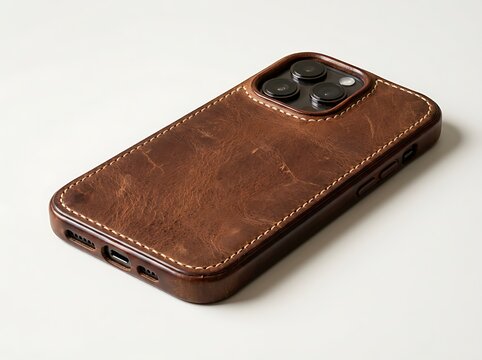 Modern smartphone with a premium brown leather protective case lying on a flat surface for display. vintage leather iphone