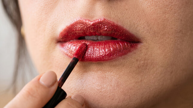 close up of woman applying lip gloss