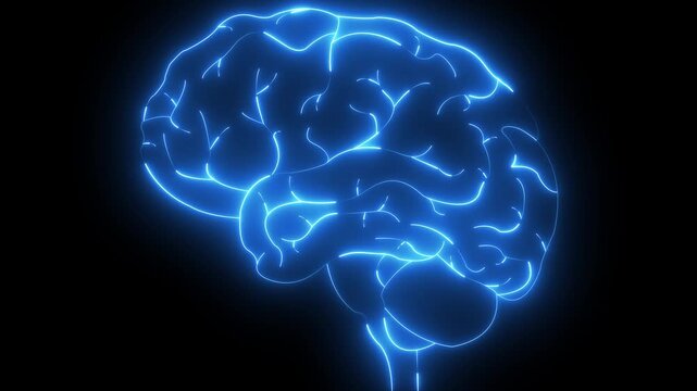 Glowing Neon Brain Organ Icon, Futuristic Digital Design Symbol of Intelligence and Mind brain medicine memory. Medical futuristic technology of the neon lines drawing a man brain on black background