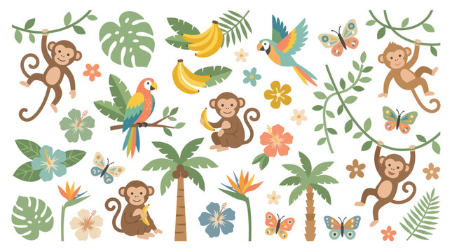 Cartoon monkeys and tropical birds pattern design collection.
