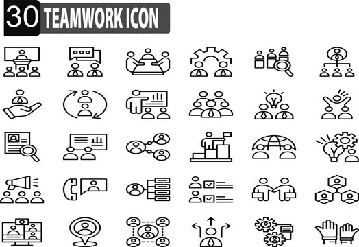 Icon set with the theme of cooperation within the scope of work or employee solidarity in order to achieve company turnover success