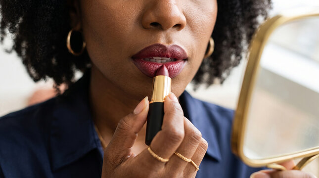 young woman applying red wine lipstick