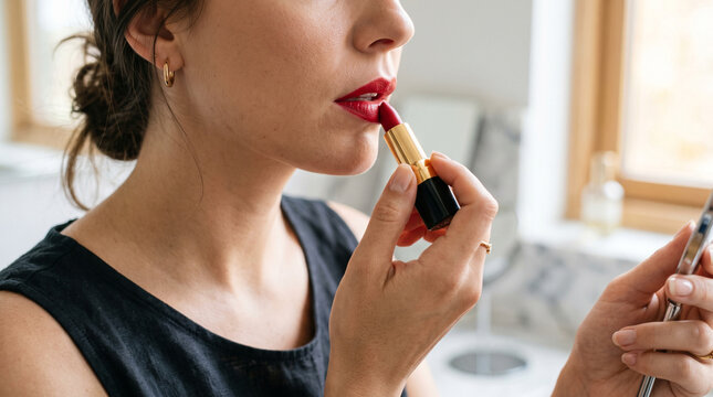 woman applying red lipstick
