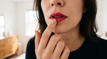 Naklejka premium young woman applying tidy up lipstick with finger 