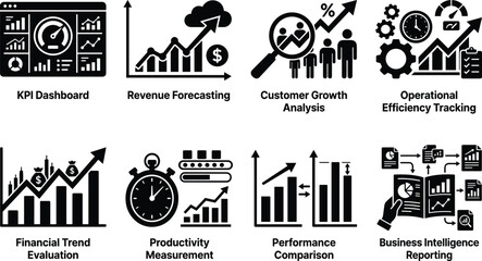 Obraz premium Business Analytics Dashboard Black Silhouette Icon Bundle for KPI Performance and Financial Reporting