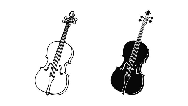 Violin or cello musical instrument vector illustration, string instrument icon, classical music concept, black and white line art and silhouette