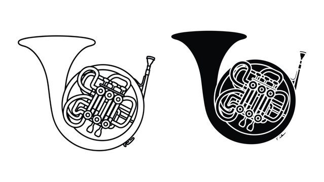 French horn musical instrument vector illustration, brass wind instrument icon, silhouette and outline design isolated on white background