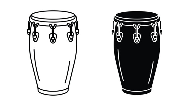 Conga drum vector icons set in outline and solid black glyph style afrocuban percussion musical instrument isolated on white background