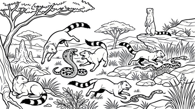 Coloring page of mongooses and snakes in savanna landscape.