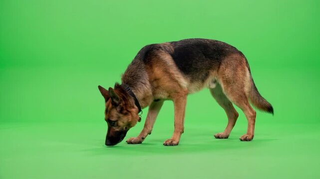 German Shepherd Dog Walking a green screen studio background for chroma key compositing