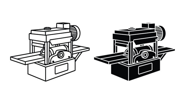 Woodworking thickness planer machine icon, industrial carpentry equipment for wood processing, vector illustration isolated on white background
