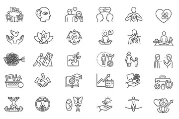 Fototapeta premium A set of 30 black line art icons covering mental health, physical health, emotional state, therapy, healing, and self-care.
