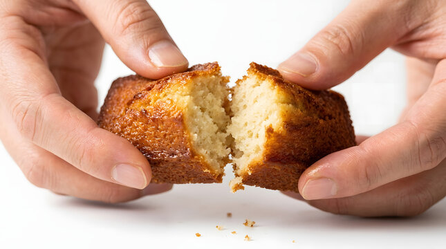 Hands tearing apart a golden, moist sponge cake to reveal its soft crumb.