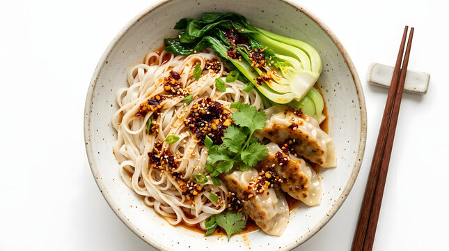 Chili oil noodles and crispy dumplings served with bok choy and chopsticks on the side.