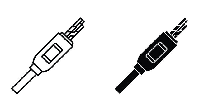 Set of ethernet cable connector icons, outline and solid style, network cable plug, internet connection, computer hardware, vector illustration