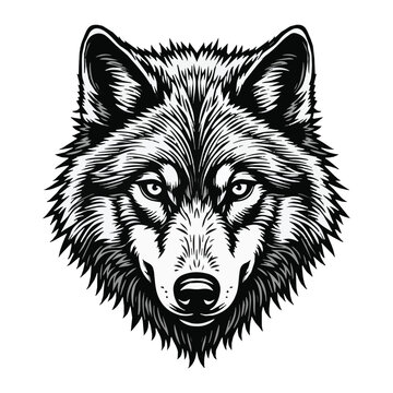 Artistic vector hand drawn illustration of a wolf head tattoo with detailed fur, expressive eyes, elegant sketch lines, and a striking monochrome design.