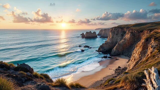 sunset coastline cliffs over ocean with rocky shoreline and beach