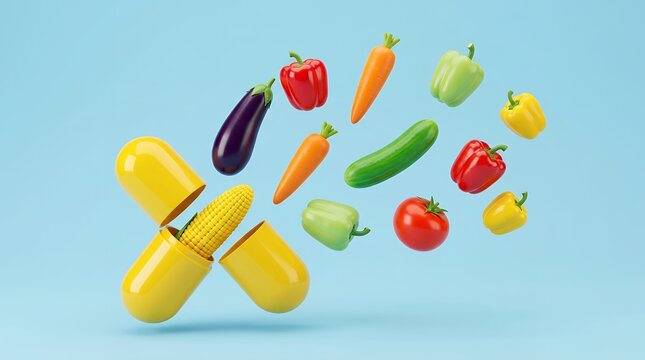 Nutritional supplement capsule with flying vegetables, organic multivitamin pill concept, healthy diet food supplements on blue background