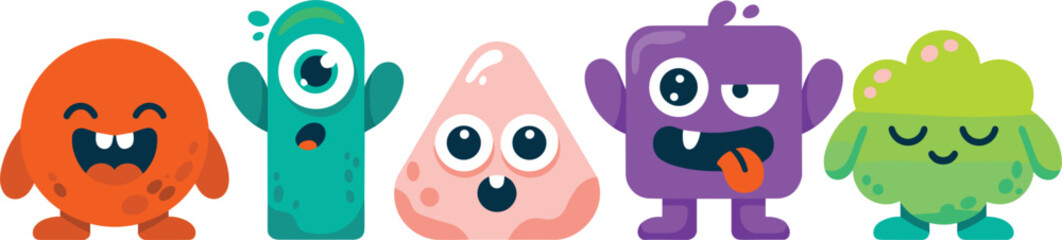 Fototapeta premium Cute Geometric Shape Monster Character Vector Set Featuring Circle, Triangle, Square, and Polygon Alien Creatures for Toddler Early Math Learning Games