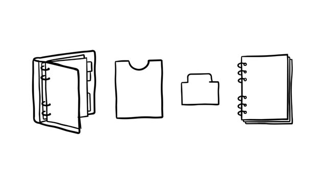 Office organization tools featuring open ring binder file folders and spiral doodle line art