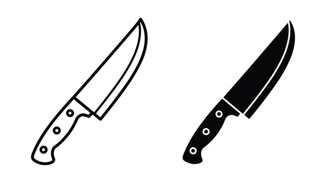 Set of kitchen knives icons, vector illustration of chef knife, outline and silhouette style