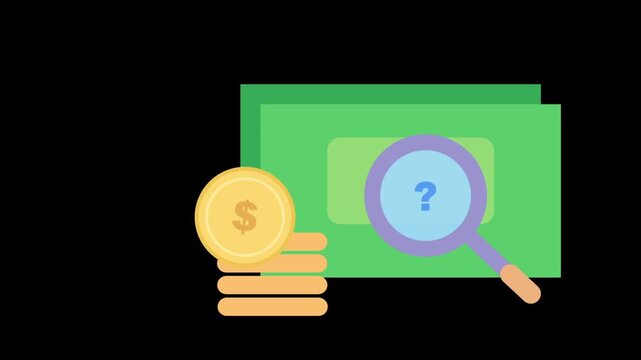 Magnifying glass with question mark scanning money bills and coins.