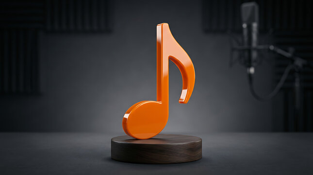 3D Orange Musical Note in Professional Recording Studio. Audio Production & Sound Engineering Concept for Creative Branding.