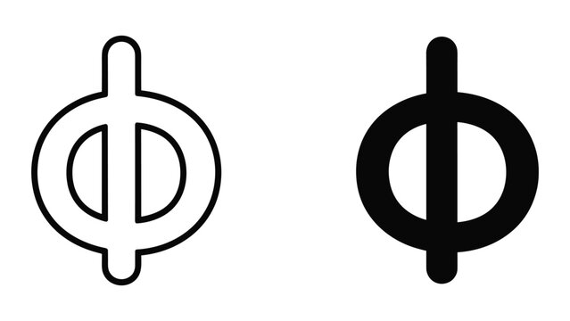 Phi greek letter symbol, mathematical constant representing the golden ratio, vector illustration of the uppercase phi character in outline and solid black styles