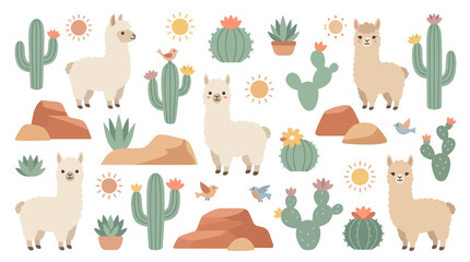 Cute llama and cactus desert landscape vector pattern. © Markilus
