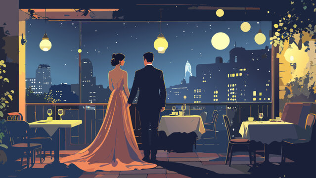 夜景が見えるレストランで手をつなぐカップル_1920x1080px