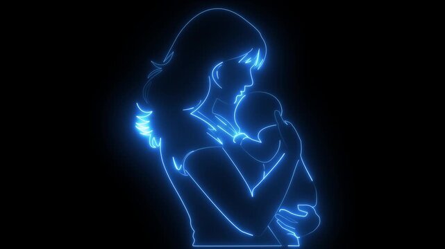 Abstract Luminous Mother Holding Child in Glowing neon Lines on Black Background