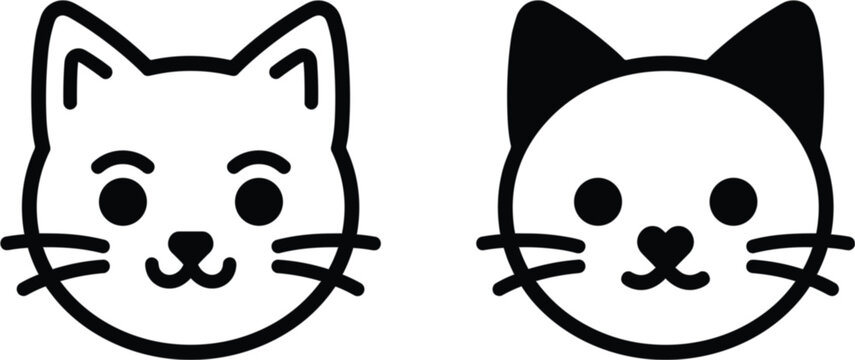 Cute Cat Face Icons Collection, Outline and Solid Pet Animal Vector Illustration for Logo Branding Design Set
