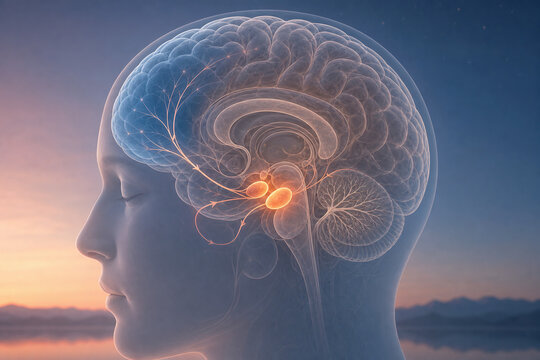 Glowing amygdala within translucent brain at twilight