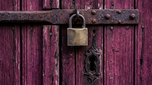 Vintage brass padlock on weathered purple wooden door, rustic metal latch and keyhole, antique security hardware on aged timber background