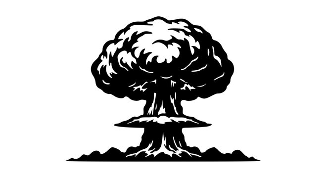 Mushroom cloud nuclear explosion vector illustration. Atomic bomb blast icon with smoke and shockwave outline.