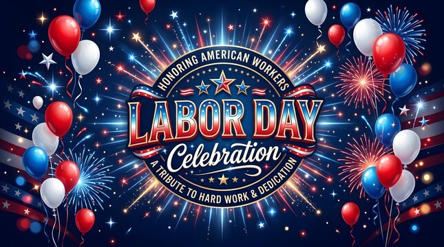 Labor Day celebration background. American holiday banner with fireworks and balloons.