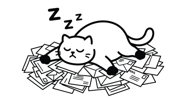 Cute sleeping cat vector illustration resting peacefully on a large pile of many paper mail envelopes