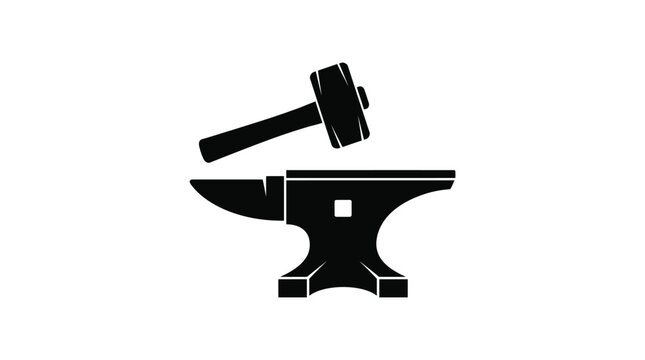 Black silhouette vector illustration of a heavy metal smithing anvil with a large wooden hammer