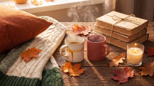Autumn comfort scene with mugs, books, and leaves on rich wood table.