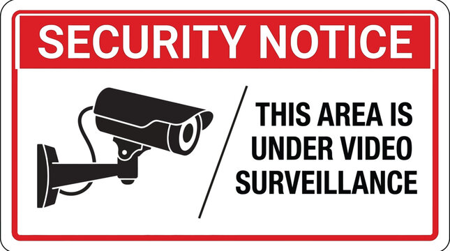 Simple vector illustration of a security notice sign featuring a black surveillance camera warning icon graphic