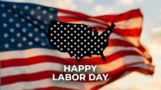 Happy Labor Day greeting with USA flag. American holiday background with map silhouette.