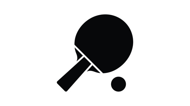 Minimalist black vector graphic illustration of a ping pong racket and a small white ball