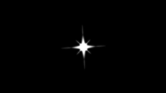 Cute white cartoon star blinking animation, 2D flat vector doodle sparkle, magic shining starlight burst, festive holiday starry sky overlay loop on transparent black screen video. 4K