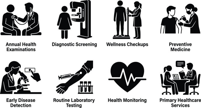 Preventive Healthcare and Medical Screening Vector Icon Set for Wellness Checkups and Early Disease Detection